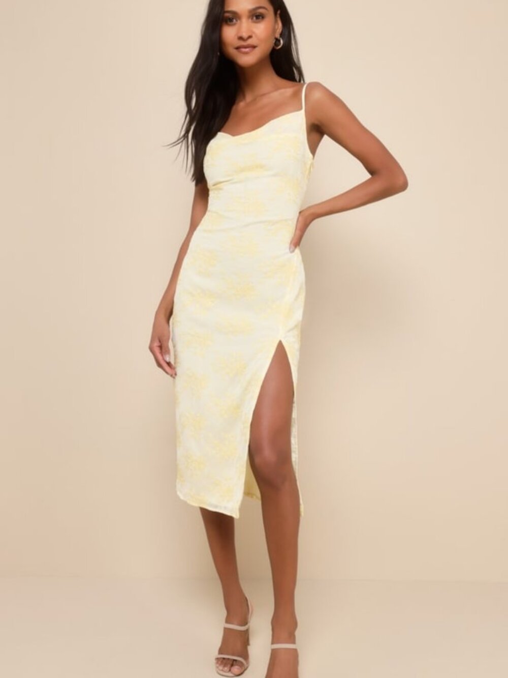 Lulus Lovely Existence Light Yellow Embroidered Cowl Neck Midi Dress - Size L